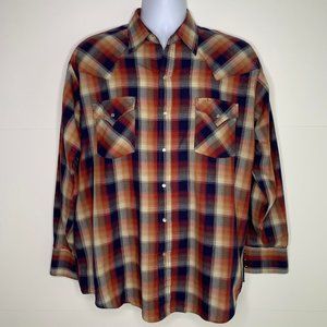 Plains Western Wear Pearl Snap Button Down Shirt Size L Plaid Red, Blue & Yellow